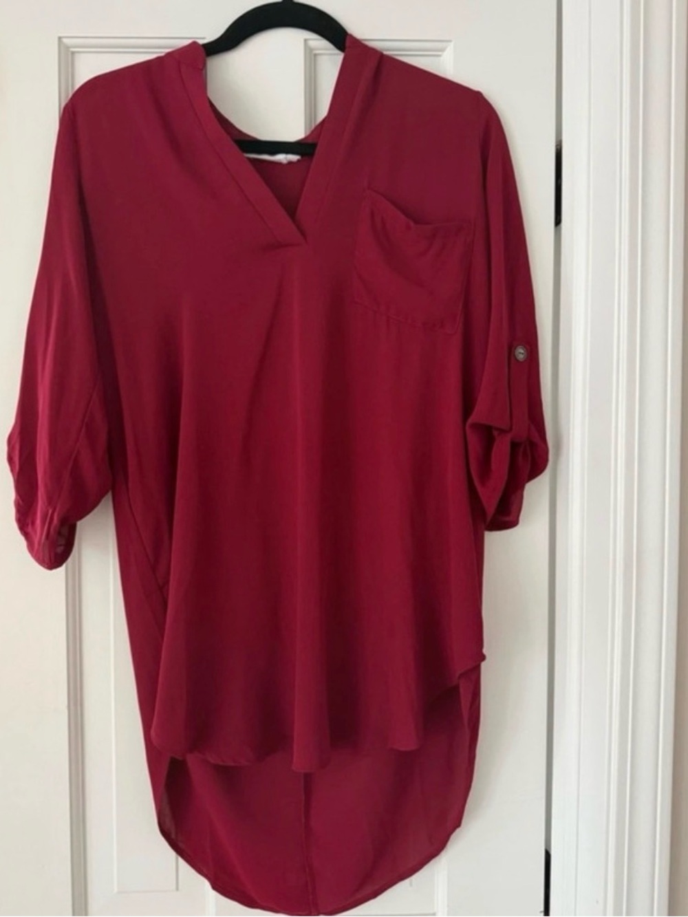 Lush Burgundy Roll Tab Sleeve Hi Low Tunic Blouse Size S